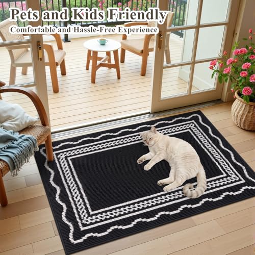 Indoor Door Mat 2x3ft, Absorbent Dog Muddy Paws Mats, Low-Profile Entrance Small Runner Carpet with Non-Slip Rubber Backing, Washable Inside Welcome Mat for Hallway,Entryway,Kitchen(Black)