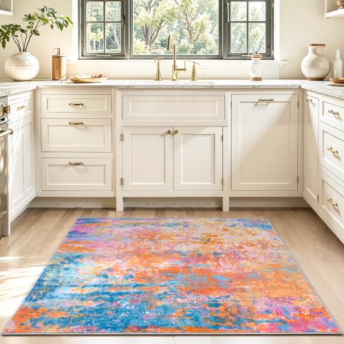 Entryway Rug 3x4 Rainbow Bedroom Area Rug Washable Non Slip Abstract Boho Rugs for Indoor Entry, Kitchen, Classroom, Bathroom, Kids Girls Room, Office, College Dorm Small Carpet