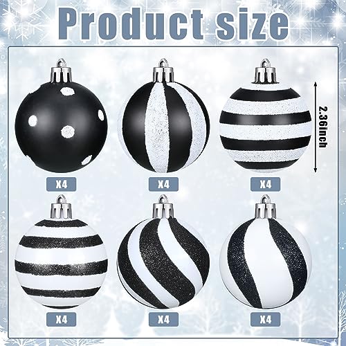 Riceshoot 24 Pcs Christmas Black and White Ball Ornaments Xmas Plastic Stripe Dot Hanging Ball for Christmas Tree Party Decoration Supplies(2.36 Inch)