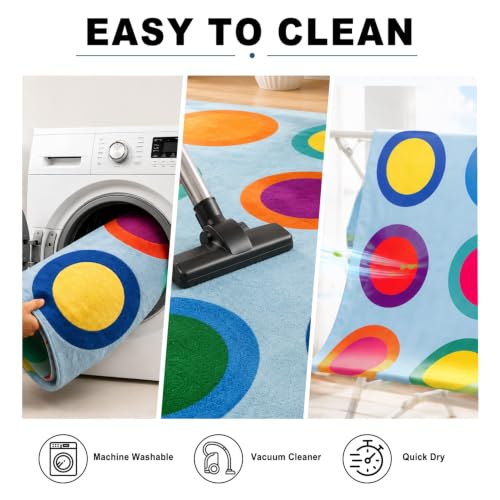 Large Classroom Rugs Elementary 6'7'' x 8'6'', Machine Washable Classroom Rug with Colorful Rings for Daycare & Preschool, Soft Non Slip Carpet for Kids Room Playroom, Seats 20 (Blue)