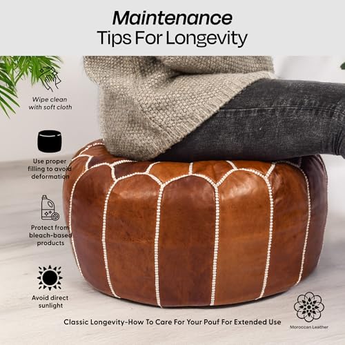 Moroccan Leather Handmade Pouf Ottoman Cover, Unstuffed Foot Stool, Round Boho Footrest for Living Room, Bedroom, Home Decor Gift (Dark Tan By White)