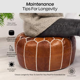 Moroccan Leather Handmade Pouf Ottoman Cover, Unstuffed Foot Stool, Round Boho Footrest for Living Room, Bedroom, Home Decor Gift (Dark Tan By White)