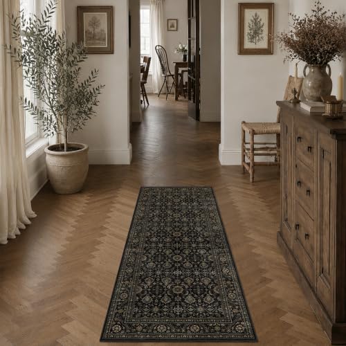 2x5 Black Gold Vintage Floral Low Pile Non Slip Washable Runner Rug