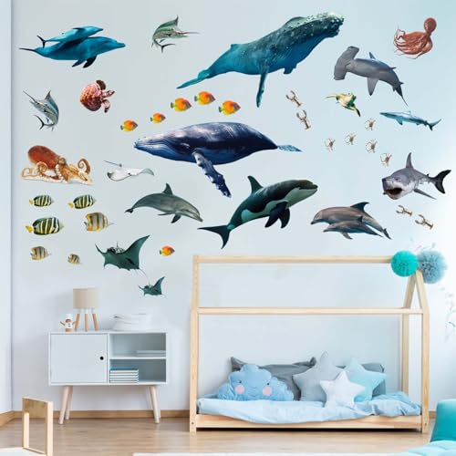 Under The Sea Fish Wall Stickers - Whale Shark Squid Ocean Animals Wall Decals - Baby Nursery Kids Boy Girls Room Bedroom Bathroom Daycare Playroom Classroom Wall Decor