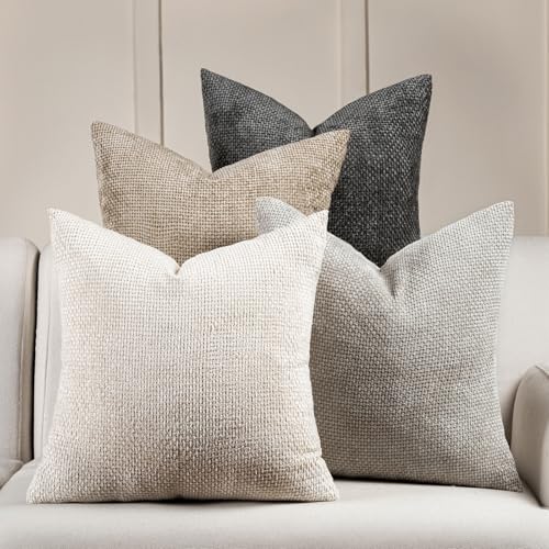 Volcanics Boho Throw Pillow Covers 20x20 Set of 4, Neutral Chenille Decorative Cushion Covers for Couch, Sofa, Bedroom, Living Room, Farmhouse & Mid-Century Modern Home Decor