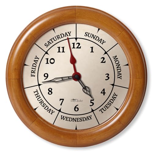 Time & Day of The Week Wall Clock with 10" Solid Pine Wood Frame – – Ideal Retirement Gift for Men and Women, Day Clock for Seniors and Retirees