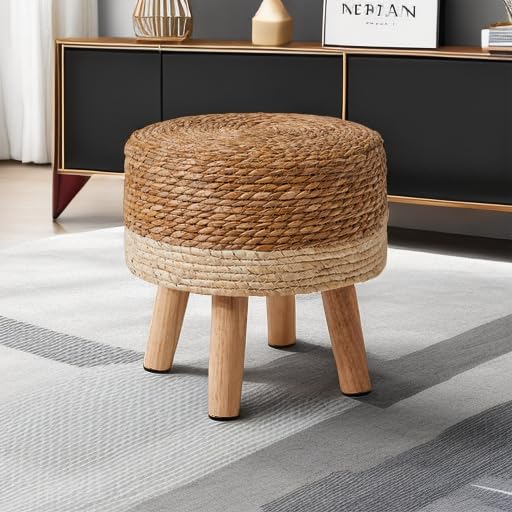 YMYNY Foot Stool,12.6"Round Small Ottoman, Natural Seagrass Hand Weave