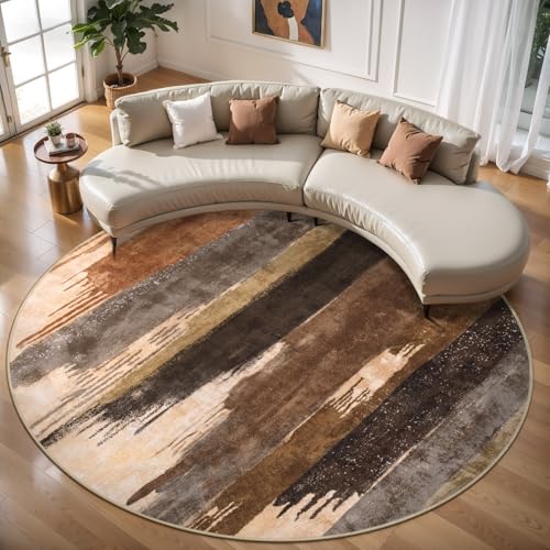 6ft Round Rugs for Living Room, Modern Abstract Washable Rug Brown