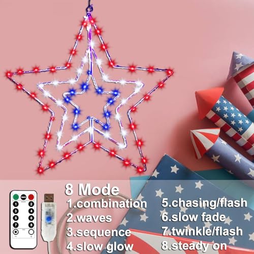 250 Anniversary Patriotic Decorations, Red White and Blue Memorial Day Decor Star Lights, Timer 14.2In Iron Frame 70Led Fairy Star Lights, 8 Mode with Remote Window Wall Silhouette for Home