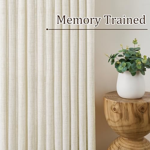RAIN CITY Extra Long Pleated Sheer Curtains 144 Inches Long 12 Feet Length, Memory Trained Luxury Drapes for Tall Window Thick Linen Textured Cream Light Filtering Privacy Neutral Panels Set of 2