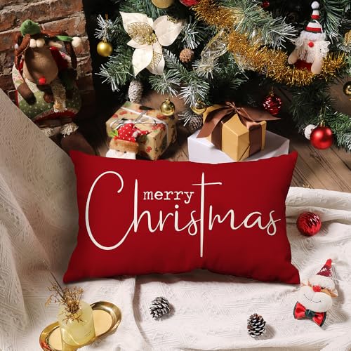 Allorry Christmas Pillow Covers Merry Christmas Throw Pillow Decorative Christmas Red Cotton Cloth Linen Cloth Pillow Cover Sofa Cover Decorative Rectangle Length 12X20 inches