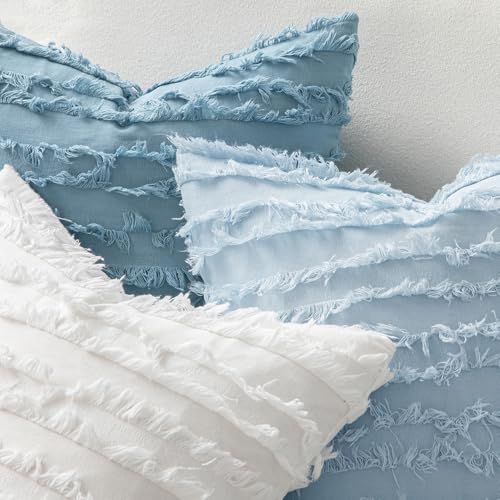 MIULEE Decorative Boho Throw Pillow Covers Set of 2 Light Blue Linen Striped Jacquard Pattern Summer Coastal Cushion Covers for Sofa Couch Living Room Bedroom 18x18 Inch