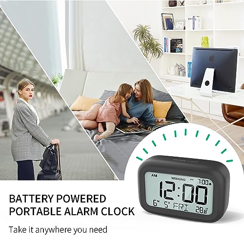DOOMAY Digital Alarm Clock Bedside - Battery Powered Clock with LCD Display Volume Adjustable Snooze and Weekend Mode for Bedroom Office Desk Travel - Black