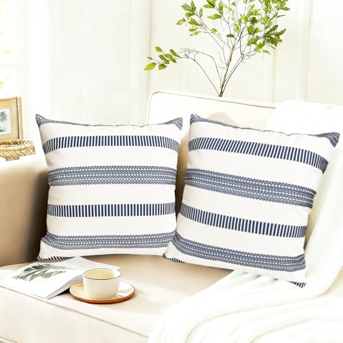 Decorative Throw Pillow Covers Set of 2 Blue Boho Striped Pillow Covers 18x18 Inch Throw Pillow Cover Linen Pillowcase Farmhouse Outdoor Pillow Covers for Couch Sofa Bed Living Room