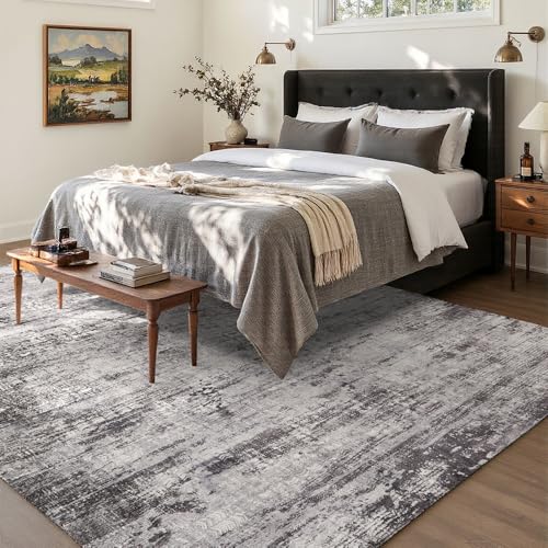 8x10 Black Gray Washable Area Rug for Living Room, Vintage Print