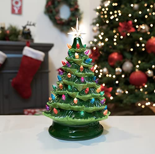 Christmas is Forever Lighted Tabletop Ceramic Tree, 16 Inch Green Tree with Multicolored Lights