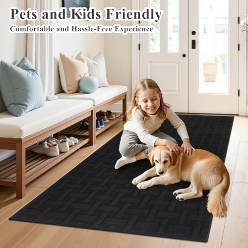 Indoor Door Mat 3x5ft, Absorbent Muddy Mats for Dogs, Low-Profile Entrance Large Welcome Mat with Non-Slip Rubber Backing, Washable Runner Carpet for Hallway,Entryway,Kitchen(Black)