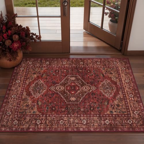 Tangsoo Red 2x3 Washable Entryway Rugs Oriental Vintage Non Slip Small Area Rug, Boho Indoor Front Door Rug, Door Mat Indoor Entrance Soft Low Pile Throw Rugs for Entry Kitchen Living Room Dark Red