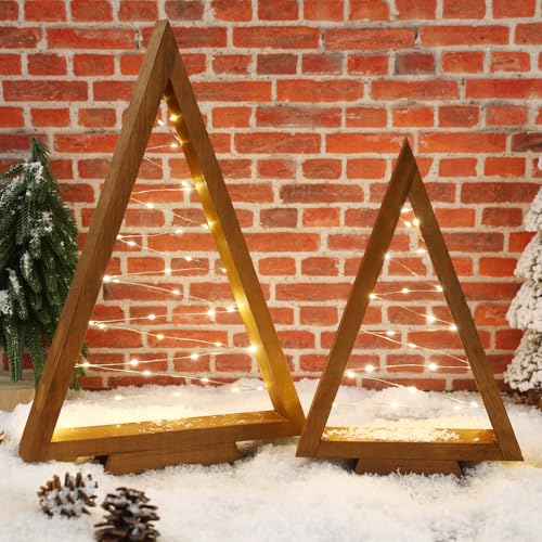 Christmas Decorations-2PCS Light Up Wooden Christmas Tree- Handmade Tabletop Christmas Tree with Light for Farmhouse Home Kitchen Table Mantle Shelf Party Decor