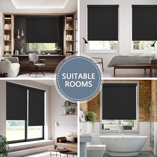 AOSKY Blackout Roller Shades Cordless Blinds for Windows, Free-Stop Shades with Valance, Thermal Insulated Fabric, UV Protection, Natural Woven Blinds for Home and Office (34" W x 72" H, Black)