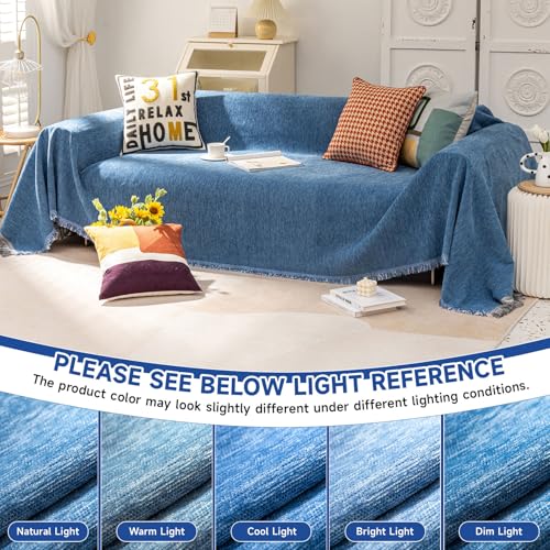 VClife Boho Couch Cover, Dog Sofa Cover for 1 Cushion Couch, Blue,71"X91" | Premium Thick Chenille, Multi-Use Furniture Cover, Compatible with Armchair, Loveseat, Standard, L-Shape & Sectional Sofa