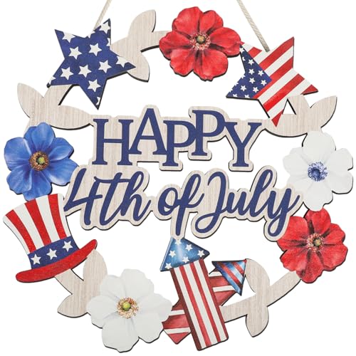 COCHIE Vintage Happy 4th of July Decorations Sign, USA Flag Stars Wood Wreath for Front Door Porch Window Wall Hanging Decor, Red Blue and White Fourth of July Independence Day Decoration (Patriotic)