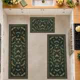 JTJ Washable Kitchen Rugs Set of 3, Dark Green Vintage Insect Kitchen Mats