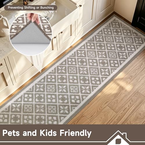 Hallway Runner Rug 2x10 ft,Washable Indoor Brown Entryway Carpet with Non Slip Rubber Backing,Low Pile Heavy Duty Kitchen Floor Mat for Entrance & High Traffic Areas