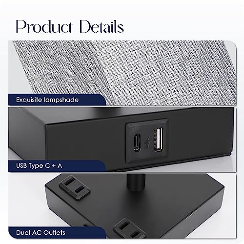 Bedside Table Lamp for Bedroom - Touch Small Lamp with USB C+A Charging Ports & AC Outlets, 3 Way Dimmable Nightstand Light for Living Room (LED Bulb Included, Grey)