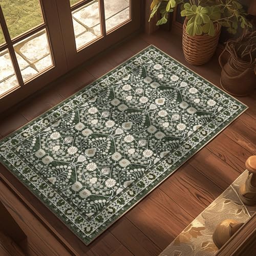 3x5 Floral Washable Area Rugs: Ultra Thin Low Pile Carpet 36x56inch