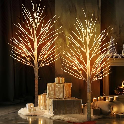 TW SHINE 2 Pack Lighted Birch Tree, 4 FT Total 96 LED Pre-lit Artificial Christmas Trees for Thanksgiving Christmas Decorations Indoor Outdoor Home Festival Wedding Party, Warm White
