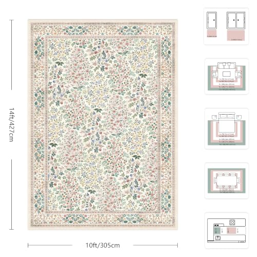 10x14 Large Area Rugs, Machine Washable Low Pile Floral Rugs for Living Room, Bedroom, Boho Style with Non-Slip Backing Nursery Rug(Pink Floral)