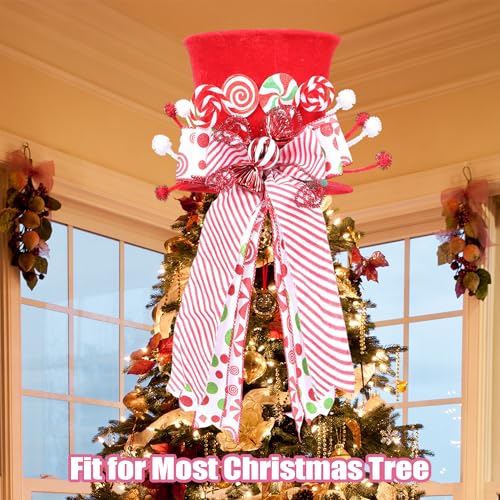 HMASYO Candy Cane Christmas Tree Topper, Velvet Red Tree Topper Hat with Candy Peppermint Bows Ribbon Ornament, Top Hat Christmas Tree Topper for Home Office Holiday Tree Decoration Xmas Gift