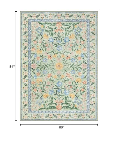 Lahome Washable Green Rug, 5x7 Whimsical Floral Rug for Nursery Classroom