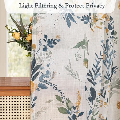 MYSKY HOME Floral Linen Curtains 84 Inch Long Set of 2 for Living/Dining Room Semi Sheer Light Filtering Farmhouse Flower Patterned Back Tab Drapes, Yellow and Blue, W50 Each Panel