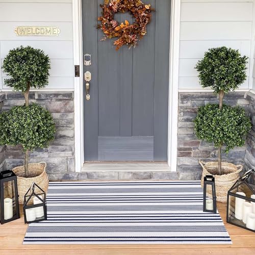 Blue and White Outdoor Rug 24'' x 51''Front Porch Rug Hand-Woven Machine Washable Indoor Layered Door Mats for Entryway/Bedroom
