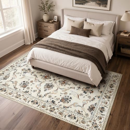 jinchan 6x9 Traditional Floral Area Rug, Washable Rug, Beige Slate