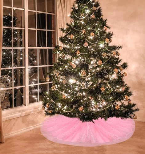 FIABC Christmas Wedding Tree Skirt,45 inch 4-Layer Fluffy Romantic Pleated Sparkly Skirt Decoration Xmas Tree Ornament for Holiday and Party(Pink)