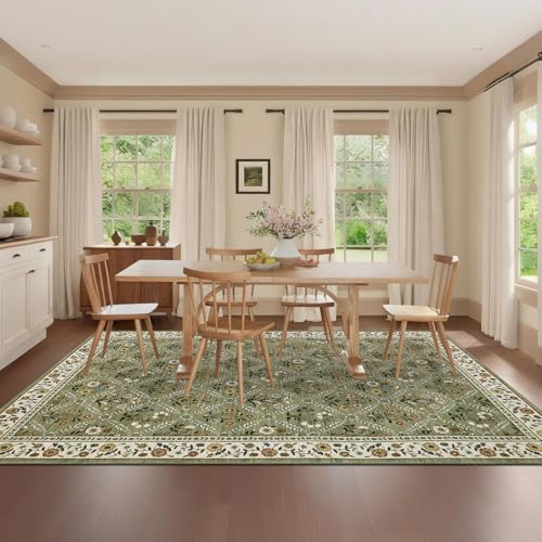 GarveeHome 8x10 Washable Large Living Room Rug Vintage Floral Carpet Green