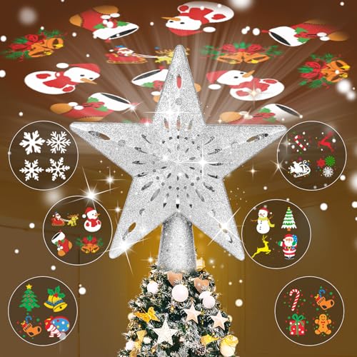 Christmas Tree Toppers Lighted with 6 Projection Modes, Christmas Star Tree Topper with Built-in LED Rotating Lights, Silver 3D Glitter Projection for Xmas Party Holiday Decorations