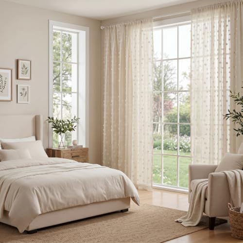 MYSKY HOME Beige Sheer Curtains for Bedroom Living Room with Pom Pom 84 Inches Long Light Filtering Cream Boho Drapes for Girls Nursery Kids Room Window, Rod Pocket, 52" Wide, 2 Panels
