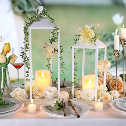 White Decorative Lantern Decor 17" 13" Set of 2 Wedding Lantern with Candle