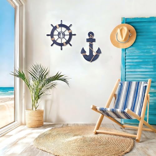 2 Pack 11" Nautical Beach Wooden Ship Wheel and 13" Wooden Anchor with Rope Nautical Boat Steering Wheel Rudder Anchor Wall Art Decor Door Hanging Ornament Beach Theme Home Decoration(Blue)