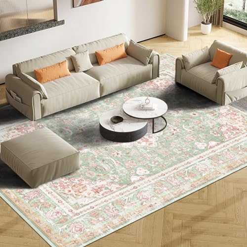 Vhong Washable Area Rugs Boho Vintage Modern Neutral Large Carpet Green and Pink High Traffic Rugs 5×7 for Dinning Room Living Room Bedroom Farmhouse Non Slip