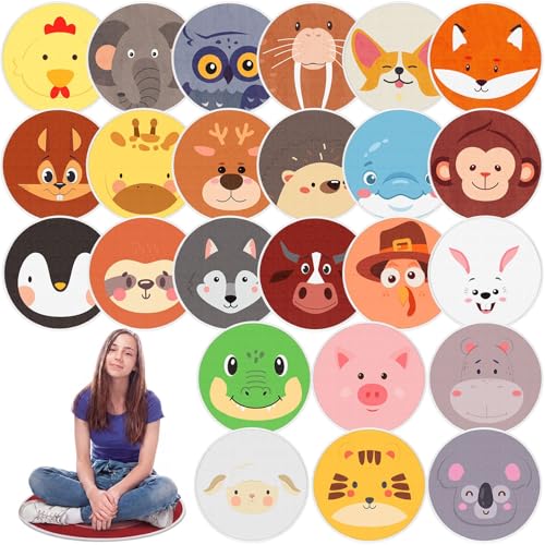 24 Pcs Carpet Circle Seats, 15 Inch Round Classroom Rug, Non Slip Corner Floor Cushion Mat, Circle Rug for Living Room, Learning, Playing Areas, Story Time, Group Activity (Animal)