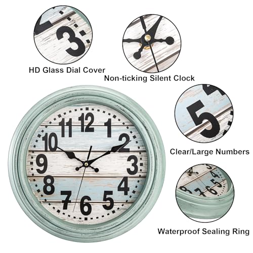 ZENFUN 12'' Rustic Wall Clock, Silent Non Ticking Clock Quartz Wall Clock Battery Operated, Country Style Wall Decoration for Kitchen Living Room Home, Office, School, Large Numbers, Green