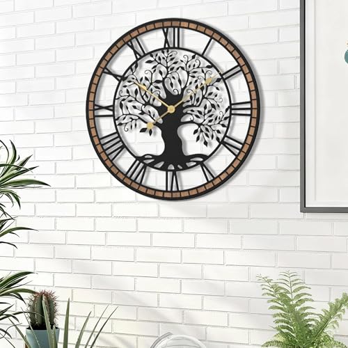Micasso Wall Clocks Battery Operated: 21Inch Farmhouse Tree of Life Metal with Wood Frame - Rustic Roman Numerals Clock for Bedroom/Home Office/Living Room - Home Decor for Trendy Fashionistas