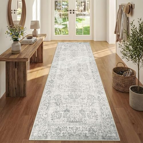 2'6" x 8' Grey Vintage Runner Rug for Hallways Kitchen
