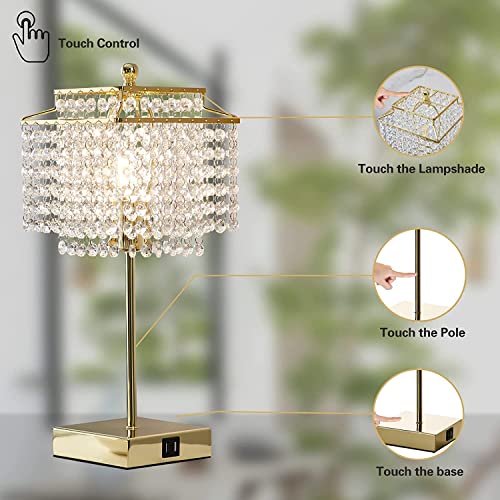 Crystal Touch Table Lamp, Bedside Lamps with with USB C+A Ports, Gold Bedroom Lamp, Dimmable Lamp with Crystal Shade, Nightstand Lamps for Bedroom, Living Room, Bulb Included