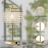 Crystal Touch Table Lamp, Bedside Lamps with with USB C+A Ports, Gold Bedroom Lamp, Dimmable Lamp with Crystal Shade, Nightstand Lamps for Bedroom, Living Room, Bulb Included
